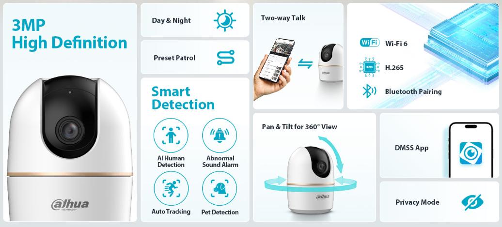 Camera wifi trong nhà Dahua DH-H3AE 3MP, Phát hiện người, Đàm thoại 2 chiều